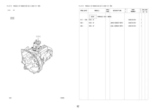 82
FIG.33-01 TRANSAXLE OR TRANSMISSION ASSY & GASKET KIT (MTM)
(1212- )5F
334630
30300
FIG.33-01 TRANSAXLE OR TRANSMISSION ASSY & GASKET KIT (MTM)
PROD_DATE MODELS
SPEC
CODE
DESCRIPTION
R
/
P
PART
NUMBER
O
Y
T
REV_REF
FR TO
+----------+
| 30300 | TRANSAXLE ASSY, MANUAL
+----------+
1212 - 1306 B100..5F 30300-BZ100- 1
1306 - B100..5F JAPAN SOURCED PARTS 30300-BZ100- 1
1306 - B100..5F LOCAL SOURCED PARTS 30300-BZ140- 1
 