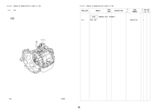 96
FIG.35-01 TRANSAXLE OR TRANSMISSION ASSY & GASKET KIT (ATM)
(1212- )E4AT
358482
30500
FIG.35-01 TRANSAXLE OR TRANSMISSION ASSY & GASKET KIT (ATM)
PROD_DATE MODELS
SPEC
CODE
DESCRIPTION
R
/
P
PART
NUMBER
O
Y
T
REV_REF
FR TO
+----------+
| 30500 | TRANSAXLE ASSY, AUTOMATIC
+----------+
1212 - B100..E4AT 30500-B1130- 1
 