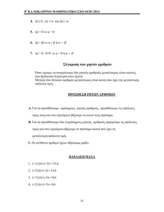 8o ΚΑΛΟΚΑΙΡΙΝΟ ΜΑΘΗΜΑΤΙΚΟ ΣΧΟΛΕΙΟ 2014 
4. |α| ≥ 0 , |α| ≥ α και |α| ≥ -α 
5. |α| = 0 ⇔ α = 0 
6. |α| = β| ⇔ α = β ή α = -β 
7. |α| = θ , θ>0 ⇔ α = θ ή α = -θ 
Σύγκριση των ρητών αριθμών 
Όταν έχουμε να συγκρίνουμε δύο ρητούς αριθμούς μεγαλύτερος είναι εκείνος 
που βρίσκεται δεξιότερα στον άξονα. 
Μεταξύ δύο θετικών αριθμών μεγαλύτερος είναι αυτός που έχει την μεγαλύτερη 
απόλυτη τιμή. 
ΠΡΟΣΘΕΣΗ ΡΗΤΩΝ ΑΡΙΘΜΩΝ 
Α. Για να προσθέσουμε ομόσημους ρητούς αριθμούς , προσθέτουμε τις απόλυτες 
τιμές τους και στο εξαγόμενο βάζουμε το κοινό τους πρόσημο. 
Β. Για να προσθέσουμε δύο ετερόσημους ρητούς αριθμούς αφαιρούμε τις απόλυτες 
τιμές και στο εξαγόμενο βάζουμε το πρόσημο αυτού που έχει τη 
μεγαλύτερη απόλυτη τιμή. 
Γ. Οι αντίθετοι αριθμοί έχουν άθροισμα μηδέν. 
ΠΑΡΑΔΕΙΓΜΑΤΑ 
1. (+12,6)+(+3)=+15,6 
2. (-12,6)+(-3)=-15,6 
3. (+12,6)+(-3)=+9,6 
4. (-12,6)+(+3)=-9,6 
11 
 