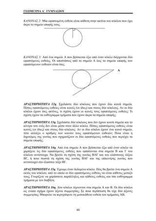 ΓΕΩΜΕΤΡΙΑ Α΄ ΓΥΜΝΑΣΙΟΥ 
ΚΑΝΟΝΑΣ 2: Μία εφαπτομένη ευθεία είναι κάθετη στην ακτίνα του κύκλου που έχει 
άκρο το σημείο επαφής τους. 
ΚΑΝΟΝΑΣ 3: Από ένα σημείο Α που βρίσκεται έξω από έναν κύκλο διέρχονται δύο 
εφαπτόμενες ευθείες. Οι αποστάσεις από το σημείο Α έως τα σημεία επαφής των 
εφαπτόμενων ευθειών είναι ίσες. 
Α 
ΔΡΑΣΤΗΡΙΟΤΗΤΑ 12η. Σχεδιάστε δύο κύκλους που έχουν δύο κοινά σημεία. 
Πόσες εφαπτόμενες ευθείες είναι κοινές (οι ίδιες) και στους δύο κύκλους. Αν οι δύο 
κύκλοι έχουν ίσες ακτίνες, τι σχέση έχουν οι κοινές τους εφαπτόμενες ευθείες; Τι 
σχέση έχουν τα ευθύγραμμα τμήματα που έχουν άκρα τα σημεία επαφής; 
ΔΡΑΣΤΗΡΙΟΤΗΤΑ 13η. Σχεδιάστε δύο κύκλους που δεν έχουν κοινά σημεία και το 
κέντρο του ενός δεν είναι μέσα στον άλλο κύκλο. Πόσες εφαπτόμενες ευθείες είναι 
κοινές (οι ίδιες) και στους δύο κύκλους. Αν οι δύο κύκλοι έχουν ένα κοινό σημείο, 
τότε αλλάζει ο αριθμός των κοινών τους εφαπτόμενων ευθειών; Ποια είναι η 
διχοτόμος της γωνίας που σχηματίζουν οι δύο εφαπτόμενες ευθείες που περιέχει τα 
σημεία επαφής; 
ΔΡΑΣΤΗΡΙΟΤΗΤΑ 14η. Από ένα σημείο Α που βρίσκεται έξω από έναν κύκλο να 
χαράξετε τις δύο εφαπτόμενες ευθείες που εφάπτονται στα σημεία Β και Γ του 
κύκλου αντίστοιχα. Να βρείτε τη σχέση της γωνίας ΒΑΓ και του ελάσσονος τόξου 
ΒΓ, ή ποιο σωστά τη σχέση της γωνίας ΒΑΓ και της επίκεντρης γωνίας που 
αντιστοιχεί στο έλασσον τόξο ΒΓ. 
ΔΡΑΣΤΗΡΙΟΤΗΤΑ 15η. Έχουμε έναν δεδομένο κύκλο. Πώς θα βρείτε ένα σημείο Α 
εκτός του κύκλου, από το οποίο οι δύο εφαπτόμενες ευθείες να είναι κάθετες μεταξύ 
τους; Γνωρίζετε να χαράσσετε παράλληλες και κάθετες ευθείες και ίσα ευθύγραμμα 
τμήματα με τον διαβήτη. 
ΔΡΑΣΤΗΡΙΟΤΗΤΑ 16η. Δύο κύκλοι τέμνονται στα σημεία Α και Β. Οι δύο κύκλοι 
ως ενιαίο σχήμα έχουν άξονα συμμετρίας; Σε ποια περίπτωση θα είχε δύο άξονες 
συμμετρίας; Μπορείτε να περιγράψετε τη μεσοκάθετο ευθεία του τμήματος ΑΒ; 
48 
 