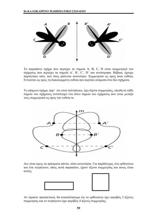 8o ΚΑΛΟΚΑΙΡΙΝΟ ΜΑΘΗΜΑΤΙΚΟ ΣΧΟΛΕΙΟ 
Το παραπάνω σχήμα που περιέχει τα σημεία A, B, C, D είναι συμμετρικό του 
σχήματος που περιέχει τα σημεία A΄, B΄, C΄, D΄ και αντίστροφα. Βέβαια, έχουμε 
παραλείψει κάτι, που ίσως φαίνεται αυτονόητο. Συμμετρικά ως προς ποια ευθεία; 
Εννοείται ως προς τη διακεκομμένη ευθεία που περνάει ανάμεσα στα δύο σχήματα. 
Το επόμενο σχήμα, παρ’ ότι είναι πολύπλοκο, έχει άξονα συμμετρίας, επειδή σε κάθε 
σημείο του σχήματος αντιστοιχεί ένα άλλο σημείο του σχήματος που είναι μεταξύ 
τους συμμετρικά ως προς την ευθεία m. 
Δεν είναι όμως τα πράγματα πάντα, τόσο αυτονόητα. Για παράδειγμα, ένα ορθογώνιο 
και ένα τετράγωνο, όπως αυτά παρακάτω, έχουν άξονα συμμετρίας και ποιος είναι 
αυτός; 
Αν είμαστε προσεκτικοί, θα ανακαλύψουμε ότι το ορθογώνιο έχει ακριβώς 2 άξονες 
συμμετρίας και το τετράγωνο έχει ακριβώς 4 άξονες συμμετρίας. 
59 
 