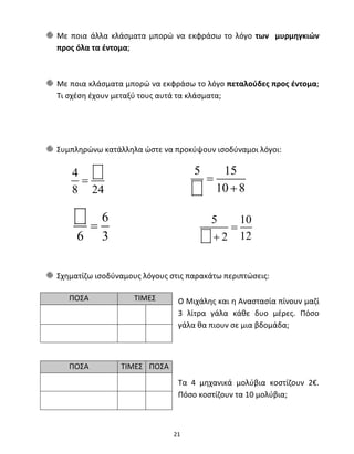 Με ποια άλλα κλάσματα μπορώ να εκφράσω το λόγο των μυρμηγκιών 
προς όλα τα έντομα; 
Με ποια κλάσματα μπορώ να εκφράσω το λόγο πεταλούδες προς έντομα; 
Τι σχέση έχουν μεταξύ τους αυτά τα κλάσματα; 
Συμπληρώνω κατάλληλα ώστε να προκύψουν ισοδύναμοι λόγοι: 
4 
8 24 
21 
= 
5 15 
10 8 
= 
+ 
6 
= 
6 3 
5 = 
10 
+ 
2 12 
Σχηματίζω ισοδύναμους λόγους στις παρακάτω περιπτώσεις: 
Ο Μιχάλης και η Αναστασία πίνουν μαζί 
3 λίτρα γάλα κάθε δυο μέρες. Πόσο 
γάλα θα πιουν σε μια βδομάδα; 
Τα 4 μηχανικά μολύβια κοστίζουν 2€. 
Πόσο κοστίζουν τα 10 μολύβια; 
ΠΟΣΑ ΤΙΜΕΣ 
ΠΟΣΑ ΤΙΜΕΣ ΠΟΣΑ 
 