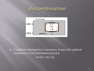  Catalizator (tungsten) is necessary to provide optimal
conditions of recombination process
H+H = H2 +Q
12
 