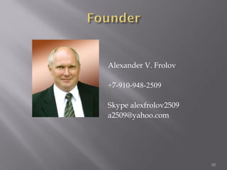 Alexander V. Frolov
+7-910-948-2509
Skype alexfrolov2509
a2509@yahoo.com
20
 