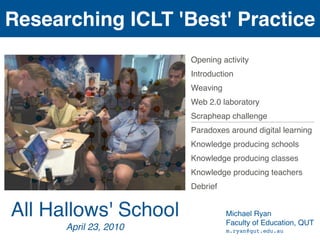 Researching ICLT 'Best' Practice
                       Opening activity
                       Introduction
                       Weaving
                       Web 2.0 laboratory
                       Scrapheap challenge
                       Paradoxes around digital learning
                       Knowledge producing schools
                       Knowledge producing classes
                       Knowledge producing teachers
                       Debrief


All Hallows' School              Michael Ryan
                                 Faculty of Education, QUT
      April 23, 2010             m.ryan@qut.edu.au
 