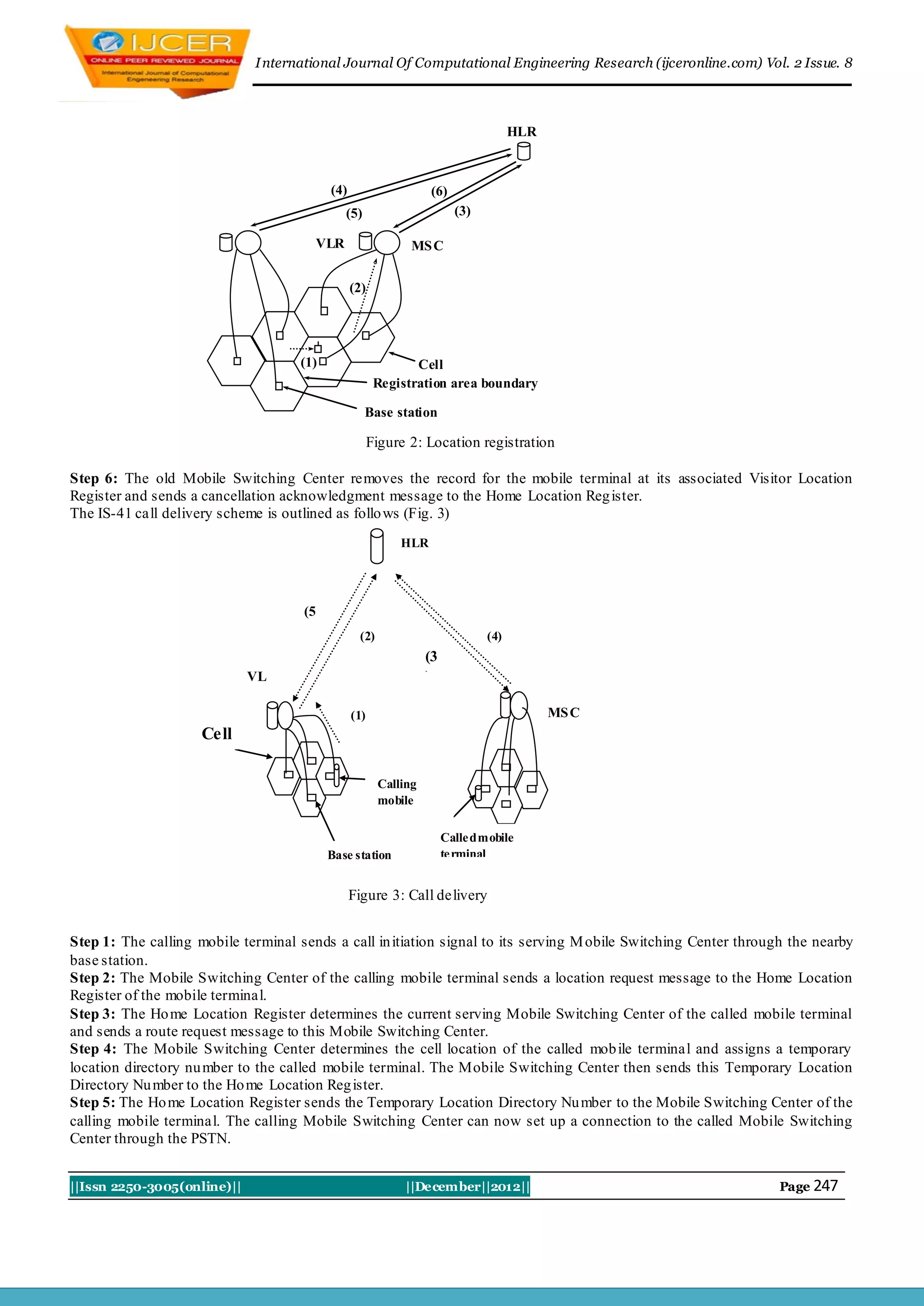 I nternational Journal Of Computational Engineering Research (ijceronline.com) Vol. 2 Issue. 8



                                                                                      HLR



                                           (4)                     (6)
                                              (5)                         (3)

                                       VLR                    MS C


                                                 (2)




                                     (1)                       Cell
                                                        Registration area boundary

                                                    Base station

                                                       Figure 2: Location registration

Step 6: The old Mobile Switching Center removes the record for the mobile terminal at its associated Visitor Location
Register and sends a cancellation acknowledgment message to the Home Location Reg ister.
The IS-41 call delivery scheme is outlined as follo ws (Fig. 3)
                                                            HLR




                                     (5
                                     )            (2)                           (4)
                                                                   (3
                             VL                                    )
                             R
                                                 (1)                                        MS C
                     Cell

                                                        Calling
                                                        mobile
                                                        terminal
                                                                        Called mobile
                                           Base station                 terminal


                                                 Figure 3: Call delivery


Step 1: The calling mobile terminal sends a call in itiation signal to its serving M obile Switching Center through the nearby
base station.
Step 2: The Mobile Switching Center of the calling mobile terminal sends a location request message to the Home Location
Register of the mobile terminal.
Step 3: The Ho me Location Register determines the current serving Mobile Switching Center of the called mobile terminal
and sends a route request message to this Mobile Switching Center.
Step 4: The Mobile Switching Center determines the cell location of the called mob ile terminal and assigns a temporary
location directory nu mber to the called mobile terminal. The Mobile Switching Center then sends this Temporary Location
Directory Nu mber to the Ho me Location Reg ister.
Step 5: The Ho me Location Register sends the Temporary Location Directory Nu mber to the Mobile Switching Center of the
calling mobile terminal. The calling Mobile Switching Center can now set up a connection to the called Mobile Switching
Center through the PSTN.


||Issn 2250-3005(online)||                                   ||December||2012||                                   Page 247
 