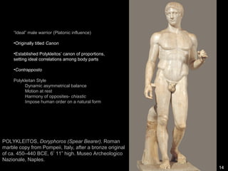 14
POLYKLEITOS, Doryphoros (Spear Bearer). Roman
marble copy from Pompeii, Italy, after a bronze original
of ca. 450–440 BCE, 6’ 11” high. Museo Archeologico
Nazionale, Naples.
 