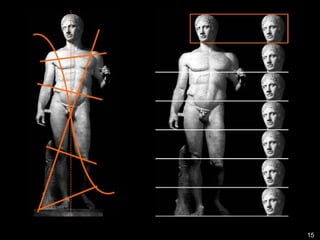 15
POLYKLEITOS, Doryphoros (Spear Bearer). Roman
marble copy from Pompeii, Italy, after a bronze original
of ca. 450–440 BCE, 6’ 11” high. Museo Archeologico
Nazionale, Naples.
“Ideal” male warrior (Platonic influence)
•Originally titled Canon
•Established Polykleitos’ canon of proportions,
setting ideal correlations among body parts
•Contrapposto
Polykleitan Style
Dynamic asymmetrical balance
Motion at rest
Harmony of opposites- chiastic
Impose human order on a natural form
 