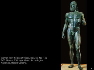 8
KRESILAS, Pericles. Roman marble herm
copy of a bronze original of ca. 429 BCE.
Full herm 6’ high; detail 4’ 6 1/2” high.
Musei Vaticani, Rome.
Pericles:
•Elected stratego, general of Athens 15X
•Instrumental in rebuilding and beautifying Athens
after second Persian invasion
•Notice his idealized appearance
•Herm- a bust on a square pillar
 