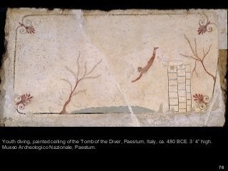 76
Youth diving, painted ceiling of the Tomb of the Diver, Paestum, Italy, ca. 480 BCE. 3’ 4” high.
Museo Archeologico Naz...