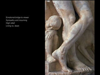 Emotional bridge to viewer
Sympathy and mourning
High relief
Living vs. dead
 