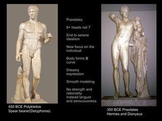 Praxiteles:
8+ heads not 7
End to serene
idealism
New focus on the
individual
Body forms S
curve
Dreamy
expression
Smooth modeling
No strength and
rationality
Instead languor
and sensuousness
350 BCE Praxiteles
Hermes and Dionysus
450 BCE Polykleitos
Spear bearer(Doryphoros)
 