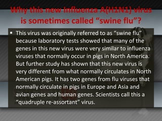 Why this new Influenza A(H1N1) virus is sometimes called “swine flu”? This virus was originally referred to as “swine flu” because laboratory tests showed that many of the genes in this new virus were very similar to influenza viruses that normally occur in pigs in North America. But further study has shown that this new virus is very different from what normally circulates in North American pigs. It has two genes from flu viruses that normally circulate in pigs in Europe and Asia and avian genes and human genes. Scientists call this a “quadruple re-assortant” virus. 