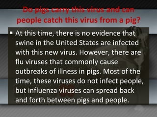 Do pigs carry this virus and can people catch this virus from a pig? At this time, there is no evidence that swine in the United States are infected with this new virus. However, there are flu viruses that commonly cause outbreaks of illness in pigs. Most of the time, these viruses do not infect people, but influenza viruses can spread back and forth between pigs and people. 