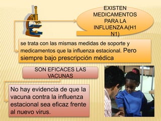 EXISTEN
MEDICAMENTOS
PARA LA
INFLUENZA A(H1
N1)
se trata con las mismas medidas de soporte y
medicamentos que la influenza estacional. Pero
siempre bajo prescripción médica
SON EFICACES LAS
VACUNAS
No hay evidencia de que la
vacuna contra la influenza
estacional sea eficaz frente
al nuevo virus.
 