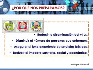 ¿POR QUÉ NOS PREPARAMOS? Reducir la diseminación del virus. Disminuir el número de personas que enfermen. Asegurar el funcionamiento de servicios básicos. Reducir el impacto sanitario, social y económico . www.pandemia.cl 