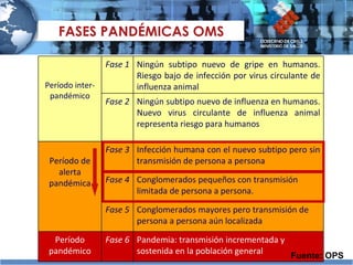 FASES PANDÉMICAS OMS Fuente: OPS Período pandémico Período de alerta pandémica Período inter-pandémico Fase 6 Fase 5 Fase 4 Fase 3 Fase 2 Fase 1 Pandemia: transmisión incrementada y sostenida en la población general Conglomerados mayores pero transmisión de persona a persona aún localizada Conglomerados pequeños con transmisión limitada de persona a persona. Infección humana con el nuevo subtipo pero sin transmisión de persona a persona Ningún subtipo nuevo de influenza en humanos. Nuevo virus circulante de influenza animal representa riesgo para humanos Ningún subtipo nuevo de gripe en humanos. Riesgo bajo de infección por virus circulante de influenza animal 