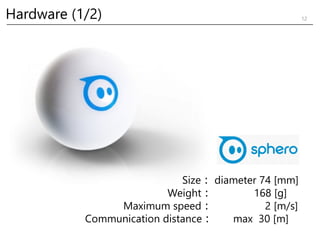 Size︓ diameter 74 [mm]
Weight︓ 168 [g]
Maximum speed︓ 2 [m/s]
Communication distance︓ max 30 [m]
Hardware (1/2) 12
 