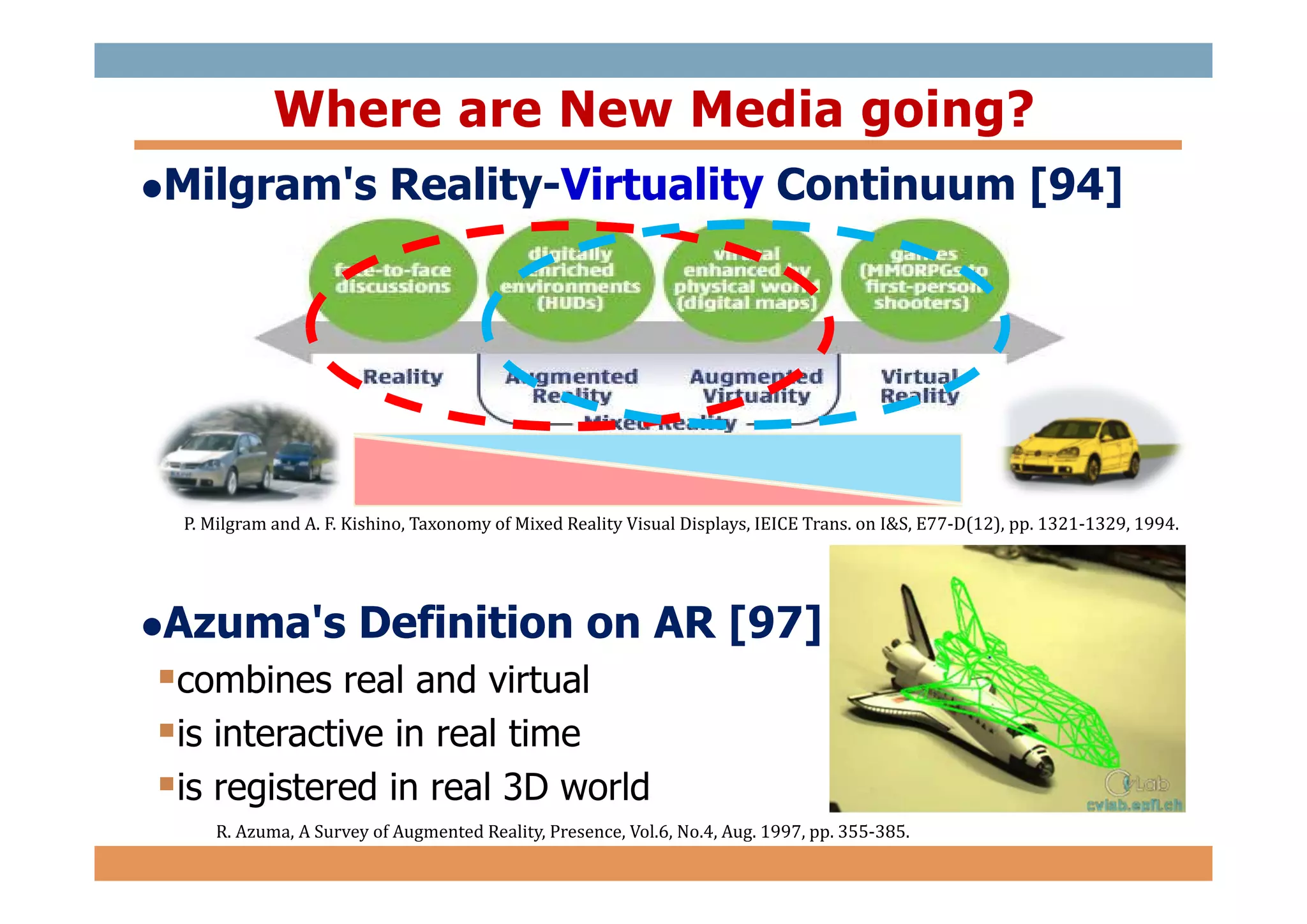 Where are New Media going?
Milgram's Reality-Virtuality Continuum [94]
Azuma's Definition on AR [97]
combines real and virtual
is interactive in real time
is registered in real 3D world
R. Azuma, A Survey of Augmented Reality, Presence, Vol.6, No.4, Aug. 1997, pp. 355-385.
P. Milgram and A. F. Kishino, Taxonomy of Mixed Reality Visual Displays, IEICE Trans. on I&S, E77-D(12), pp. 1321-1329, 1994.
 