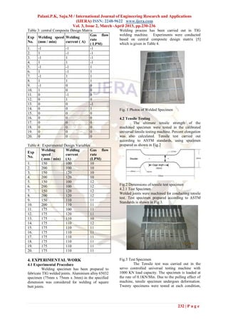 Palani.P.K, Saju.M / International Journal of Engineering Research and Applications
                           (IJERA) ISSN: 2248-9622 www.ijera.com
                        Vol. 3, Issue 2, March -April 2013, pp.230-236
Table 3: central Composite Design Matrix             Welding process has been carried out in TIG
                                       Gas flow      welding machine. Experiments were conducted
Exp Welding speed Welding                            based on central composite design matrix [5]
                                       rate
No. (mm / min)         current ( A)                  which is given in Table 4.
                                       ( LPM)
1.    -1               -1              -1
2.    1                -1              -1
3.    -1               1               -1
4.    1                1               -1
5.    -1               -1              1
6.    1                -1              1
7.    -1               1               1
8.    1                1               1
9.    -1               0               0
10. 1                  0               0
11. 0                  -1              0
12. 0                  1               0
13. 0                  0               -1
14. 0                  0               1             Fig. 1 Photos of Welded Specimen
15. 0                  0               0
16. 0                  0               0             4.2 Tensile Testing
17. 0                  0               0                      The ultimate tensile strength of the
18. 0                  0               0             machined specimen were tested in the calibrated
19. 0                  0               0             universal tensile testing machine. Percent elongation
20. 0                  0               0             was also calculated. Tensile test carried out
                                                     according to ASTM standards, using specimen
Table 4: Experimental Design Variables               prepared as shown in Fig.2
         Welding       Welding        Gas flow
Exp
         speed         current        rate
No.
         ( mm / min) (A)              (LPM)
1.       150           100            10
2.       200           100            10
3.       150           120            10
4.       200           120            10
5.       150           100            12
6.       200           100            12             Fig.2 Dimensions of tensile test specimen
                                                     4.2.1 Test Specimen
7.       150           120            12
                                                     Welded joints were machined for conducting tensile
8.       200           120            12
                                                     test. Test specimen prepared according to ASTM
9.       150           110            11
                                                     Standards is shown in Fig 3.
10.      200           110            11
11.      175           100            11
12.      175           120            11
13.      175           110            10
14.      175           110            12
15.      175           110            11
16.      175           110            11
17.      175           110            11
18.      175           110            11
19.      175           110            11
20.      175           110            11

4. EXPERIMENTAL WORK                                 Fig.3 Test Specimen
4.1 Experimental Procedure                                    The Tensile test was carried out in the
          Welding specimen has been prepared to      servo controlled universal testing machine with
fabricate TIG welded joints. Aluminium alloy 65032   1000 KN load capacity. The specimen is loaded at
specimen (75mm x 75mm x 3mm) in the specified        the rate of 0.1KN/Min. Due to the pulling effect of
dimension was considered for welding of square       machine, tensile specimen undergoes deformation.
butt joints.                                         Twenty specimens were tested at each condition,




                                                                                           232 | P a g e
 