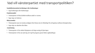 Vad vill v?nsterpartiet med transportpolitiken?
Samh?llsekonomiska ber?kningar eller bed?mningar
? Inga ber?kningar eller bed?mningar.
Funktionsm?let
? V?nsterpartiet vill ?ka kollektivtrafikens andel av resorna.
? Inget s?gs om funktion.
H?nsynsm?let
? V?nsterpartiet anser att minska utsl?ppen fr?n bilarna inte ?r tillr?ckligt f?r att begr?nsa trafikens klimatp?verkan.
? Inget s?gs om s?kerhet eller h?lsa.
Anm?rkning
? V?nsterpartiet vill ha s?nkta biljettpriser och h?gre anslag till j?rnv?gen.
? V?nsterpartiet vill ha mer j?rnv?g och v?g f?r pengarna genom b?ttre upphandlingar.
 