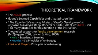 THEORETICAL FRAMEWORK
• The ADDIE process
• Gagne’s Learned Capabilities and situated cognition
• *The Experiential Learning Model of Faculty Development to
Improve Teaching (Estepp, Roberts & Carter, 2012) was NOT used.
Too many obstacles for this iteration of the instruction.
• Theoretical support for faculty development research
(McQuiggan, 2007; Lawler & King, 2000)
• Kolb – Experiential Learning
• Knowles – Six Principles of Andragogy
• Clark and Mayer’s Principles of e-Learning
*Corrected from design document
 