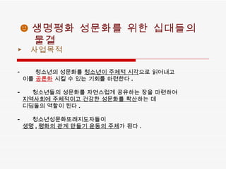 ☻ 생명평화 성문화를 위한 십대들의 물결 ▶  사업목적 청소년의 성문화를  청소년이 주체적 시각 으로 읽어내고  이를  공론화  시킬 수 있는 기회를 마련한다 . 청소년들의 성문화를 자연스럽게 공유하는 장을 마련하여  지역사회에 주체적이고 건강한 성문화를 확산 하는 데  디딤돌의 역할이 된다 . 청소년성문화또래지도자들이  생명 . 평화의 관계 만들기 운동의 주체 가 된다 . 