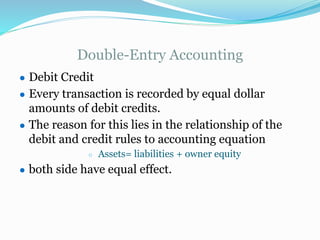 Double-Entry Accounting
● Debit Credit
● Every transaction is recorded by equal dollar
amounts of debit credits.
● The reason for this lies in the relationship of the
debit and credit rules to accounting equation
○ Assets= liabilities + owner equity
● both side have equal effect.
 