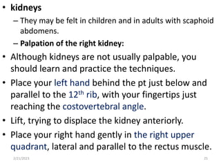 • kidneys
– They may be felt in children and in adults with scaphoid
abdomens.
– Palpation of the right kidney:
• Although kidneys are not usually palpable, you
should learn and practice the techniques.
• Place your left hand behind the pt just below and
parallel to the 12th rib, with your fingertips just
reaching the costovertebral angle.
• Lift, trying to displace the kidney anteriorly.
• Place your right hand gently in the right upper
quadrant, lateral and parallel to the rectus muscle.
2/21/2023 25
 