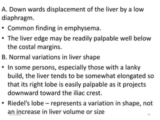 A. Down wards displacement of the liver by a low
diaphragm.
• Common finding in emphysema.
• The liver edge may be readily palpable well below
the costal margins.
B. Normal variations in liver shape
• In some persons, especially those with a lanky
build, the liver tends to be somewhat elongated so
that its right lobe is easily palpable as it projects
downward toward the iliac crest.
• Riedel’s lobe – represents a variation in shape, not
an increase in liver volume or size
2/21/2023 45
 