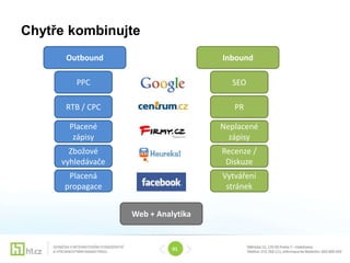 Chytře kombinujte
      Outbound                       Inbound

        PPC                            SEO

      RTB / CPC                         PR

       Placené                       Neplacené
        zápisy                         zápisy
       Zbožové                       Recenze /
     vyhledávače                      Diskuze
       Placená                       Vytváření
      propagace                       stránek


                   Web + Analytika


                             01
 