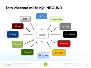 Toto všechno může být INBOUND

                          SEO
                Blog                  Infografika


       Video                                    Emailing


  Odkazy                  WWW                       Sociální sítě



      Diskuze                                 Webináře


                Podcast                  Recenze
                          PR zprávy


                                01
 