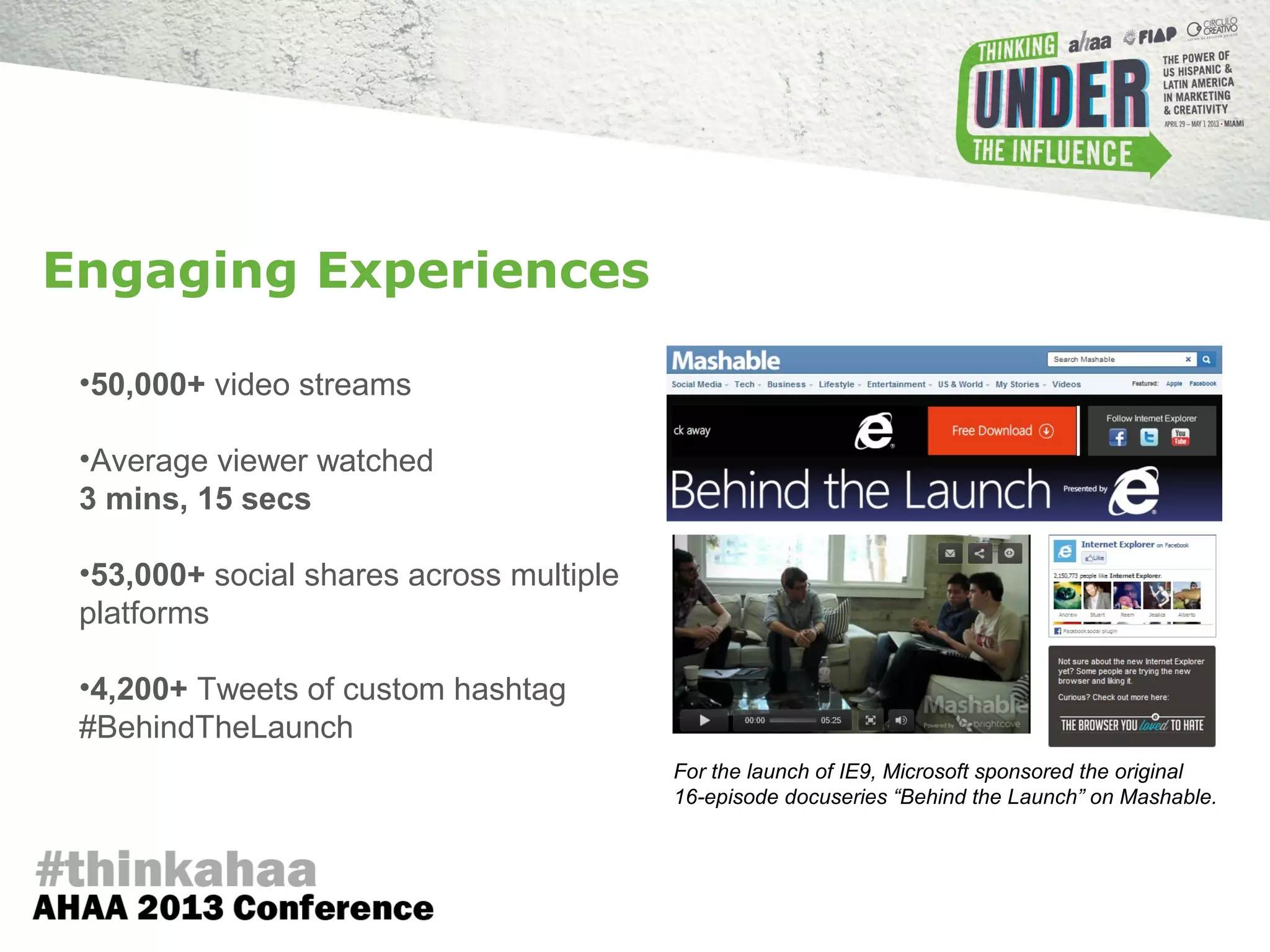 •50,000+ video streams
•Average viewer watched
3 mins, 15 secs
•53,000+ social shares across multiple
platforms
•4,200+ Tweets of custom hashtag
#BehindTheLaunch
Engaging Experiences
For the launch of IE9, Microsoft sponsored the original
16-episode docuseries “Behind the Launch” on Mashable.
 