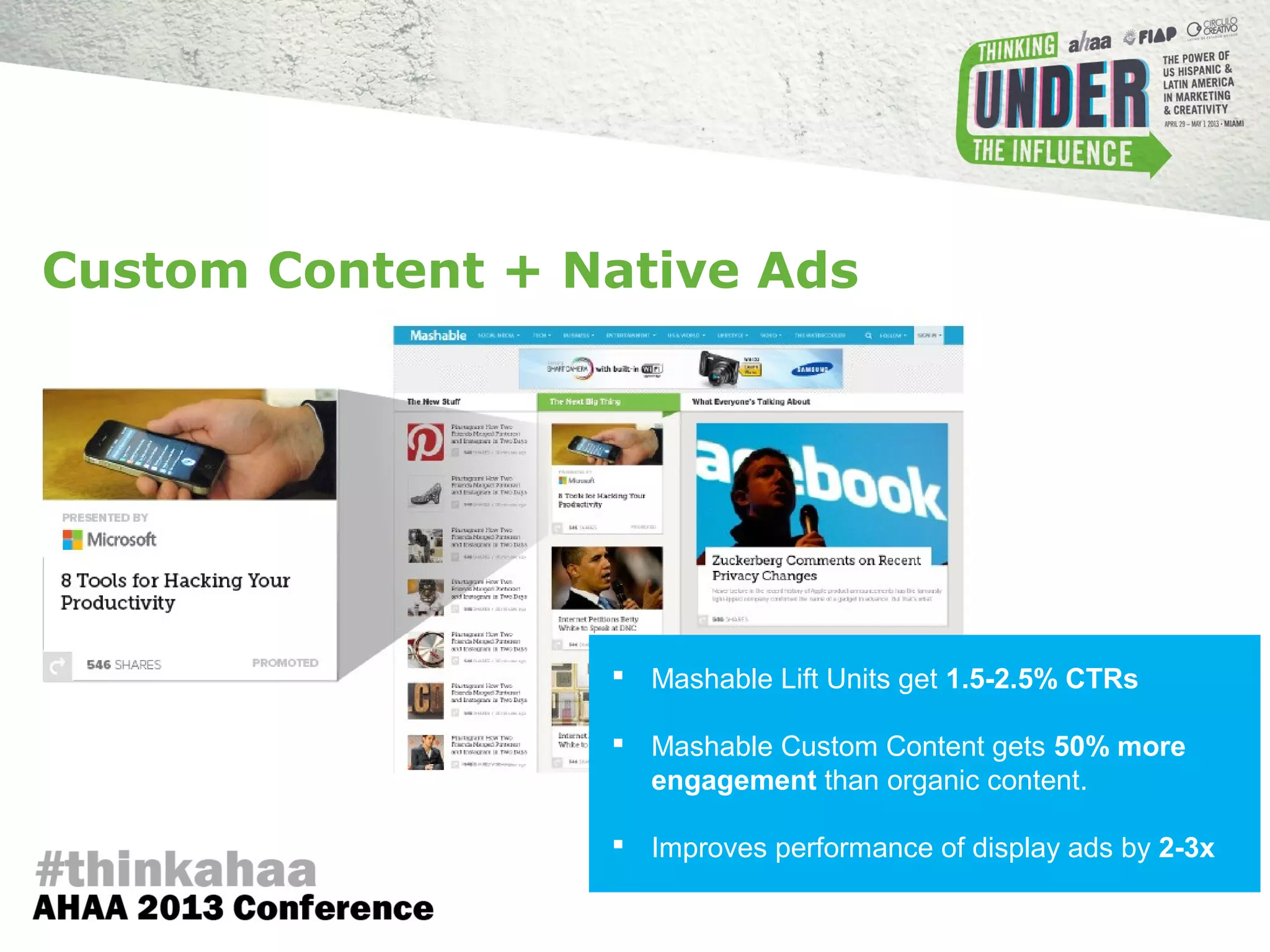  Mashable Lift Units get 1.5-2.5% CTRs
 Mashable Custom Content gets 50% more
engagement than organic content.
 Improves performance of display ads by 2-3x
Custom Content + Native Ads
 