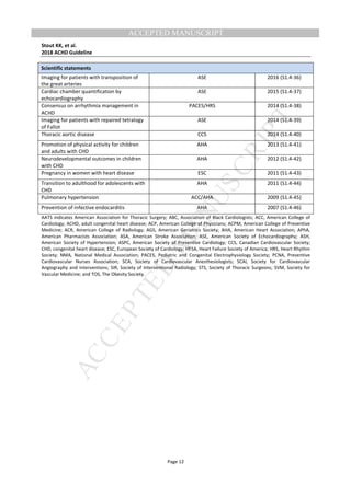 M
ANUSCRIPT
ACCEPTED
ACCEPTED MANUSCRIPT
Stout KK, et al.
2018 ACHD Guideline
Page 12
Scientific statements
Imaging for patients with transposition of
the great arteries
ASE 2016 (S1.4-36)
Cardiac chamber quantification by
echocardiography
ASE 2015 (S1.4-37)
Consensus on arrhythmia management in
ACHD
PACES/HRS 2014 (S1.4-38)
Imaging for patients with repaired tetralogy
of Fallot
ASE 2014 (S1.4-39)
Thoracic aortic disease CCS 2014 (S1.4-40)
Promotion of physical activity for children
and adults with CHD
AHA 2013 (S1.4-41)
Neurodevelopmental outcomes in children
with CHD
AHA 2012 (S1.4-42)
Pregnancy in women with heart disease ESC 2011 (S1.4-43)
Transition to adulthood for adolescents with
CHD
AHA 2011 (S1.4-44)
Pulmonary hypertension ACC/AHA 2009 (S1.4-45)
Prevention of infective endocarditis AHA 2007 (S1.4-46)
AATS indicates American Association for Thoracic Surgery; ABC, Association of Black Cardiologists; ACC, American College of
Cardiology; ACHD, adult congenital heart disease; ACP, American College of Physicians; ACPM, American College of Preventive
Medicine; ACR, American College of Radiology; AGS, American Geriatrics Society; AHA, American Heart Association; APhA,
American Pharmacists Association; ASA, American Stroke Association; ASE, American Society of Echocardiography; ASH,
American Society of Hypertension; ASPC, American Society of Preventive Cardiology; CCS, Canadian Cardiovascular Society;
CHD, congenital heart disease; ESC, European Society of Cardiology; HFSA, Heart Failure Society of America; HRS, Heart Rhythm
Society; NMA, National Medical Association; PACES, Pediatric and Congenital Electrophysiology Society; PCNA, Preventive
Cardiovascular Nurses Association; SCA, Society of Cardiovascular Anesthesiologists; SCAI, Society for Cardiovascular
Angiography and Interventions; SIR, Society of Interventional Radiology; STS, Society of Thoracic Surgeons; SVM, Society for
Vascular Medicine; and TOS, The Obesity Society.
 