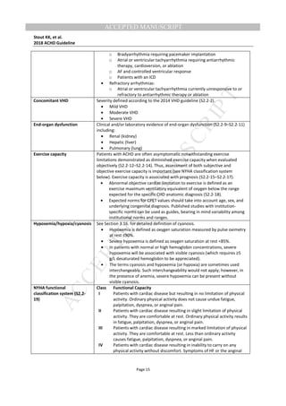 M
ANUSCRIPT
ACCEPTED
ACCEPTED MANUSCRIPT
Stout KK, et al.
2018 ACHD Guideline
Page 15
o Bradyarrhythmia requiring pacemaker implantation
o Atrial or ventricular tachyarrhythmia requiring antiarrhythmic
therapy, cardioversion, or ablation
o AF and controlled ventricular response
o Patients with an ICD
• Refractory arrhythmias:
o Atrial or ventricular tachyarrhythmia currently unresponsive to or
refractory to antiarrhythmic therapy or ablation
Concomitant VHD Severity defined according to the 2014 VHD guideline (S2.2-2).
• Mild VHD
• Moderate VHD
• Severe VHD
End-organ dysfunction Clinical and/or laboratory evidence of end-organ dysfunction (S2.2-9–S2.2-11)
including:
• Renal (kidney)
• Hepatic (liver)
• Pulmonary (lung)
Exercise capacity Patients with ACHD are often asymptomatic notwithstanding exercise
limitations demonstrated as diminished exercise capacity when evaluated
objectively (S2.2-12–S2.2-14). Thus, assessment of both subjective and
objective exercise capacity is important (see NYHA classification system
below). Exercise capacity is associated with prognosis (S2.2-15–S2.2-17).
• Abnormal objective cardiac limitation to exercise is defined as an
exercise maximum ventilatory equivalent of oxygen below the range
expected for the specific CHD anatomic diagnosis (S2.2-18).
• Expected norms for CPET values should take into account age, sex, and
underlying congenital diagnosis. Published studies with institution-
specific norms can be used as guides, bearing in mind variability among
institutional norms and ranges.
Hypoxemia/hypoxia/cyanosis See Section 3.16. for detailed definition of cyanosis.
• Hypoxemia is defined as oxygen saturation measured by pulse oximetry
at rest ≤90%.
• Severe hypoxemia is defined as oxygen saturation at rest <85%.
• In patients with normal or high hemoglobin concentrations, severe
hypoxemia will be associated with visible cyanosis (which requires ≥5
g/L desaturated hemoglobin to be appreciated).
• The terms cyanosis and hypoxemia (or hypoxia) are sometimes used
interchangeably. Such interchangeability would not apply; however, in
the presence of anemia, severe hypoxemia can be present without
visible cyanosis.
NYHA functional
classification system (S2.2-
19)
Class Functional Capacity
I Patients with cardiac disease but resulting in no limitation of physical
activity. Ordinary physical activity does not cause undue fatigue,
palpitation, dyspnea, or anginal pain.
II Patients with cardiac disease resulting in slight limitation of physical
activity. They are comfortable at rest. Ordinary physical activity results
in fatigue, palpitation, dyspnea, or anginal pain.
III Patients with cardiac disease resulting in marked limitation of physical
activity. They are comfortable at rest. Less than ordinary activity
causes fatigue, palpitation, dyspnea, or anginal pain.
IV Patients with cardiac disease resulting in inability to carry on any
physical activity without discomfort. Symptoms of HF or the anginal
 