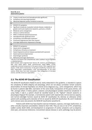 M
ANUSCRIPT
ACCEPTED
ACCEPTED MANUSCRIPT
Stout KK, et al.
2018 ACHD Guideline
Page 18
• Trivial or small shunt (not hemodynamically significant)
• Arrhythmia not requiring treatment
• Abnormal objective cardiac limitation to exercise
C
• NYHA FC III symptoms
• Significant (moderate or greater) valvular disease; moderate or
greater ventricular dysfunction (systemic, pulmonic, or both)
• Moderate aortic enlargement
• Venous or arterial stenosis
• Mild or moderate hypoxemia/cyanosis
• Hemodynamically significant shunt
• Arrhythmias controlled with treatment
• Pulmonary hypertension (less than severe)
• End-organ dysfunction responsive to therapy
D
• NYHA FC IV symptoms
• Severe aortic enlargement
• Arrhythmias refractory to treatment
• Severe hypoxemia (almost always associated with cyanosis)
• Severe pulmonary hypertension
• Eisenmenger syndrome
• Refractory end-organ dysfunction
*This list is not meant to be comprehensive; other conditions may be important
in individual patients.
ACHD indicates adult congenital heart disease; AP, anatomic and physiological;
ASD, atrial septal defect; AVSD, atrioventricular septal defect; CCTGA,
congenitally corrected transposition of the great arteries; CHD, congenital heart
disease; d-TGA, dextro-transposition of the great arteries; FC, functional class;
HCM, hypertrophic cardiomyopathy; l-TGA, levo-transposition of the great
arteries; NYHA, New York Heart Association; TGA, transposition of the great
arteries; and VSD, ventricular septal defect.
2.3. The ACHD AP Classification
The ACHD AP classification (Tables 3 and 4), newly elaborated in this guideline, is intended to capture
the complexity of ACHD anatomy and physiology, which are not always correlated. Certain anatomic
abnormalities of clinical importance are shared across diagnoses (e.g., aortic enlargement), which may
be found in patients with BAV, coarctation of the aorta (CoA), transposition of the great arteries, and
TOF, amongst others. In every patient, anatomic and physiological variables should be considered. In
using Tables 3 and 4, a patient should be classified based on the “highest” relevant anatomic or
physiological feature. For example, a normotensive patient with repaired CoA, normal exercise capacity,
and normal end-organ function would be ACHD AP classification IIA, whereas an otherwise similar
patient with ascending aortic diameter of 4.0 cm would be ACHD AP classification IIB, and if moderate
aortic stenosis were also present, the ACHD AP classification would be IIC.
Patients with ACHD may have baseline exercise limitations, cyanosis, end-organ dysfunction, or
other clinically important comorbidities related to their CHD. They are also at risk of HF, arrhythmias,
sudden cardiac death (SCD), and development or progression of cardiac symptoms such as dyspnea,
chest pain, and exercise intolerance. Concomitant valvular disease or aortic pathology may be present.
 