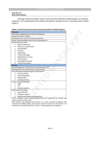 M
ANUSCRIPT
ACCEPTED
ACCEPTED MANUSCRIPT
Stout KK, et al.
2018 ACHD Guideline
Page 20
Although individual providers may be community-based affiliates, ACHD programs are inpatient,
outpatient, and hospital-based with staffing and expertise available on-site or accessible when needed
(Table 5).
Table 5. Key Personnel and Services Recommended for ACHD Programs
Personnel
ACHD board-eligible/board-certified cardiologists
Congenital cardiac surgeons
Nurses/physician assistants/nurse practitioners
Cardiac anesthesiologists with CHD training/expertise
Multidisciplinary teams:
• High-risk obstetrics
• Pulmonary hypertension
• HF/transplant
• Genetics
• Hepatology
• Cardiac pathology
• Rehabilitation services
• Social services
• Psychological services
• Financial counselors
Services
Echocardiography, including TEE and intraoperative TEE*
CHD diagnostic and interventional catheterization*
CHD electrophysiology/pacing/ICD implantation*:
• Exercise testing
• Echocardiographic
• Radionuclide
• Cardiopulmonary
Cardiac imaging/radiology*:
• CMR
• CCT
• Nuclear medicine
Information technology:
• Data collection
• Database support
• Quality assessment review/protocols
*These modalities must be supervised/performed and interpreted by clinicians with
expertise and/or training in CHD.
ACHD indicates adult congenital heart disease; CCT, cardiac computed tomography; CHD,
congenital heart disease; CMR, cardiovascular magnetic resonance; HF, heart failure; ICD,
implantable cardioverter-defibrillator; and TEE, transesophageal echocardiography.
 