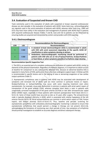M
ANUSCRIPT
ACCEPTED
ACCEPTED MANUSCRIPT
Stout KK, et al.
2018 ACHD Guideline
Page 26
3.4. Evaluation of Suspected and Known CHD
Tools commonly used in the evaluation of adults with suspected or known acquired cardiovascular
disease are also valuable in the evaluation of patients with ACHD. Some tools (e.g., echocardiography)
are regularly used in the serial evaluation of patients with ACHD, whereas other tools (e.g., CMR and
CCT) may have more utility in the evaluation and management of patients with ACHD than in patients
with acquired cardiovascular disease (Tables 7 and 8). Cost and risk to patients can be minimized by
ensuring studies are acquired and interpreted by centers and providers with CHD expertise.
3.4.1. Electrocardiogram
Recommendations for Electrocardiogram
COR LOE Recommendations
I C-EO
1. A standard 12-lead electrocardiogram (ECG) is recommended in adults
with CHD with serial assessment depending on the specific ACHD AP
classification or when symptoms develop or worsen.
I C-EO
2. Ambulatory electrocardiographic monitoring should be performed in
patients with CHD who are at risk of tachyarrhythmia, bradyarrhythmia
or heart block, or when symptoms possibly of arrhythmic origin develop.
Recommendation-Specific Supportive Text
1. The ECG is an essential part of a complete cardiovascular evaluation of a patient with ACHD, similar to
elements of the physical examination. Regardless of anatomic diagnosis, it is important to obtain an ECG
at baseline for comparison to any subsequently obtained ECG, because an abnormal baseline ECG is
expected in many forms of CHD, particularly those who have undergone surgical repair. A follow-up ECG
is recommended in specific lesions and in the setting of new or worsening congestion or low cardiac
output syndrome (Table 7).
2. Asymptomatic arrhythmias seen in patients with ACHD may be associated with development of
symptoms and increased risk of death, and are more common in particular lesions or repairs.
Bradyarrhythmias or tachyarrhythmias may occur, with some requiring treatment even when
asymptomatic. For example, sinus node dysfunction is common in patients with atrial switch repairs of
transposition of the great arteries (TGA), whereas complete heart block is seen in patients with
congenitally corrected transposition of the great arteries (CCTGA) or late after atrioventricular septal
defect (AVSD) repair, especially in those patients with transient postoperative heart block (S3.4.1-1–
S3.4.1-3). Some of these events have occurred as late as 15 years after surgery. The atrioventricular
node is typically displaced inferiorly in AVSD, which is associated with relative hypoplasia of the left
anterior fascicle (S3.4.1-4). Atrial tachyarrhythmias are common in atrial switch repairs of TGA, Fontan
repairs, and Ebstein anomaly (S3.4.1-5–S3.4.1-7). Thus, baseline and periodic screening for
asymptomatic arrhythmias with ambulatory electrocardiographic monitoring is advised to ensure that
asymptomatic arrhythmias that would warrant a change in therapy are not present (S3.4.1-8),
acknowledging the limitations of monitoring over short periods of time. Any symptoms of arrhythmia
should prompt investigation to establish an accurate diagnosis and direct subsequent therapy.
 