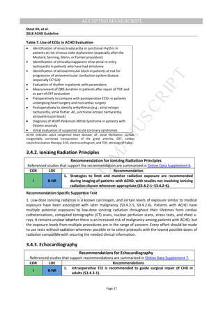 M
ANUSCRIPT
ACCEPTED
ACCEPTED MANUSCRIPT
Stout KK, et al.
2018 ACHD Guideline
Page 27
Table 7. Use of ECGs in ACHD Evaluation
• Identification of sinus bradycardia or junctional rhythm in
patients at risk of sinus node dysfunction (especially after the
Mustard, Senning, Glenn, or Fontan procedure)
• Identification of clinically inapparent intra-atrial re-entry
tachycardia in patients who have had atriotomy
• Identification of atrioventricular block in patients at risk for
progression of atrioventricular conduction system disease
(especially CCTGA)
• Evaluation of rhythm in patients with pacemakers
• Measurement of QRS duration in patients after repair of TOF and
as part of CRT evaluation
• Preoperatively to compare with postoperative ECGs in patients
undergoing heart surgery and noncardiac surgery
• Postoperatively to identify arrhythmias (e.g., atrial ectopic
tachycardia, atrial flutter, AF, junctional ectopic tachycardia,
atrioventricular block)
• Diagnosis of Wolff-Parkinson-White Syndrome in patients with
Ebstein anomaly
• Initial evaluation of suspected acute coronary syndromes
ACHD indicates adult congenital heart disease; AF, atrial fibrillation; CCTGA,
congenitally corrected transposition of the great arteries; CRT, cardiac
resynchronization therapy; ECG, electrocardiogram; and TOF, tetralogy of Fallot.
3.4.2. Ionizing Radiation Principles
Recommendation for Ionizing Radiation Principles
Referenced studies that support the recommendation are summarized in Online Data Supplement 6.
COR LOE Recommendation
I B-NR
1. Strategies to limit and monitor radiation exposure are recommended
during imaging of patients with ACHD, with studies not involving ionizing
radiation chosen whenever appropriate (S3.4.2-1–S3.4.2-4).
Recommendation-Specific Supportive Text
1. Low-dose ionizing radiation is a known carcinogen, and certain levels of exposure similar to medical
exposure have been associated with later malignancy (S3.4.2-5, S3.4.2-6). Patients with ACHD have
multiple potential exposures to low-dose ionizing radiation throughout their lifetimes from cardiac
catheterizations, computed tomographic (CT) scans, nuclear perfusion scans, stress tests, and chest x-
rays. It remains unclear whether there is an increased risk of malignancy among patients with ACHD, but
the exposure levels from multiple procedures are in the range of concern. Every effort should be made
to use tests without radiation whenever possible or to select protocols with the lowest possible doses of
radiation compatible with securing the needed clinical information.
3.4.3. Echocardiography
Recommendations for Echocardiography
Referenced studies that support recommendations are summarized in Online Data Supplement 7.
COR LOE Recommendations
I B-NR
1. Intraoperative TEE is recommended to guide surgical repair of CHD in
adults (S3.4.3-1).
 