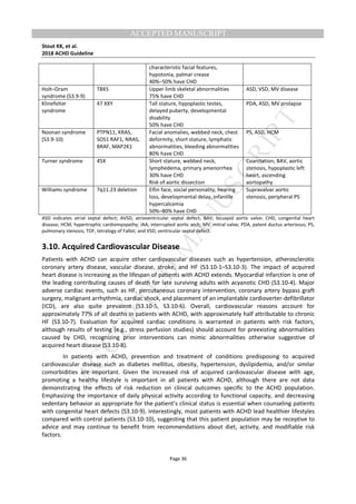M
ANUSCRIPT
ACCEPTED
ACCEPTED MANUSCRIPT
Stout KK, et al.
2018 ACHD Guideline
Page 36
characteristic facial features,
hypotonia, palmar crease
40%–50% have CHD
Holt–Oram
syndrome (S3.9-9)
TBX5 Upper limb skeletal abnormalities
75% have CHD
ASD, VSD, MV disease
Klinefelter
syndrome
47 XXY Tall stature, hypoplastic testes,
delayed puberty, developmental
disability
50% have CHD
PDA, ASD, MV prolapse
Noonan syndrome
(S3.9-10)
PTPN11, KRAS,
SOS1 RAF1, NRAS,
BRAF, MAP2K1
Facial anomalies, webbed neck, chest
deformity, short stature, lymphatic
abnormalities, bleeding abnormalities
80% have CHD
PS, ASD, HCM
Turner syndrome 45X Short stature, webbed neck,
lymphedema, primary amenorrhea
30% have CHD
Risk of aortic dissection
Coarctation, BAV, aortic
stenosis, hypoplastic left
heart, ascending
aortopathy
Williams syndrome 7q11.23 deletion Elfin face, social personality, hearing
loss, developmental delay, infantile
hypercalcemia
50%–80% have CHD
Supravalvar aortic
stenosis, peripheral PS
ASD indicates atrial septal defect; AVSD, atrioventricular septal defect; BAV, bicuspid aortic valve; CHD, congenital heart
disease; HCM, hypertrophic cardiomyopathy; IAA, interrupted aortic arch; MV, mitral valve; PDA, patent ductus arteriosus; PS,
pulmonary stenosis; TOF, tetralogy of Fallot; and VSD, ventricular septal defect.
3.10. Acquired Cardiovascular Disease
Patients with ACHD can acquire other cardiovascular diseases such as hypertension, atherosclerotic
coronary artery disease, vascular disease, stroke, and HF (S3.10-1–S3.10-3). The impact of acquired
heart disease is increasing as the lifespan of patients with ACHD extends. Myocardial infarction is one of
the leading contributing causes of death for late surviving adults with acyanotic CHD (S3.10-4). Major
adverse cardiac events, such as HF, percutaneous coronary intervention, coronary artery bypass graft
surgery, malignant arrhythmia, cardiac shock, and placement of an implantable cardioverter-defibrillator
(ICD), are also quite prevalent (S3.10-5, S3.10-6). Overall, cardiovascular reasons account for
approximately 77% of all deaths in patients with ACHD, with approximately half attributable to chronic
HF (S3.10-7). Evaluation for acquired cardiac conditions is warranted in patients with risk factors,
although results of testing (e.g., stress perfusion studies) should account for preexisting abnormalities
caused by CHD, recognizing prior interventions can mimic abnormalities otherwise suggestive of
acquired heart disease (S3.10-8).
In patients with ACHD, prevention and treatment of conditions predisposing to acquired
cardiovascular disease such as diabetes mellitus, obesity, hypertension, dyslipidemia, and/or similar
comorbidities are important. Given the increased risk of acquired cardiovascular disease with age,
promoting a healthy lifestyle is important in all patients with ACHD, although there are not data
demonstrating the effects of risk reduction on clinical outcomes specific to the ACHD population.
Emphasizing the importance of daily physical activity according to functional capacity, and decreasing
sedentary behavior as appropriate for the patient’s clinical status is essential when counseling patients
with congenital heart defects (S3.10-9). Interestingly, most patients with ACHD lead healthier lifestyles
compared with control patients (S3.10-10), suggesting that this patient population may be receptive to
advice and may continue to benefit from recommendations about diet, activity, and modifiable risk
factors.
 