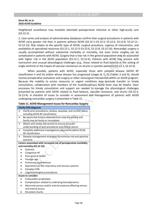 M
ANUSCRIPT
ACCEPTED
ACCEPTED MANUSCRIPT
Stout KK, et al.
2018 ACHD Guideline
Page 38
Heightened surveillance may mandate extended postoperative intensive or other high-acuity care
(S3.12-2).
2. Case series and analysis of administrative databases confirm that surgical procedures in patients with
ACHD carry greater risk than in patients without ACHD (S3.12-1–S3.12-3, S3.12-6, S3.12-8, S3.12-11–
S3.12-13). Risk relates to the specific type of ACHD, surgical procedure, urgency of intervention, and
availability of specialized resources (S3.12-1, S3.12-3–S3.12-6, S3.12-8, S3.12-14). Noncardiac surgery is
usually accomplished without substantial morbidity or mortality, but even minor surgery can be
complicated in patients with ACHD. Surgery that is low risk in the general population may be associated
with higher risk in the ACHD population (S3.12-1, S3.12-6). Patients with ACHD may present with
nonroutine and unusual physiological challenges (e.g., those related to fluid balance in the setting of
single ventricle or the impact of vascular resistances on shunts in cyanotic patients) (S3.12-2, S3.12-4).
When possible, patients with ACHD, especially those with complex disease (ACHD AP
classification II and III) and/or whose disease has progressed (stages B, C, D) (Tables 3 and 4), should
receive preoperative evaluation and surgery or other nonsurgical intervention within an ACHD program.
Because the inability to access resources or urgent conditions may preclude transfer or timely
consultation, collaboration with members of the multidisciplinary ACHD team may be helpful. Clear
processes for timely consultation and support are needed to manage the physiological challenges
presented by patients with ACHD related to fluid balance, vascular resistance, and shunts (S3.12-3,
S3.12-4). A checklist of issues to consider in assessment and management of patients with ACHD
undergoing noncardiac surgery is presented in Table 11.
Table 11. ACHD Management Issues for Noncardiac Surgery
Clarify CHD diagnosis
Clarify prior procedures, residua, sequelae, and current status,
including ACHD AP classification
Be aware that history obtained from only the patient and
family may be faulty or incomplete
Obtain and review old records to ensure accurate
understanding of past procedures and clinical course
Complete additional investigations required to define ACHD
AP classification
Develop management strategies to minimize risk and optimize
outcome
Factors associated with increased risk of perioperative morbidity
and mortality (S3.12-12):
• Cyanosis
• Congestive HF
• Poor general health
• Younger age
• Pulmonary hypertension
• Operations on the respiratory and nervous systems
• Complex CHD
• Urgent/emergency procedures
Issues to consider:
• Endocarditis prophylaxis
• Complications related to underlying hemodynamics
• Abnormal venous and/or arterial anatomy affecting venous
and arterial access
• Persistent shunts
 