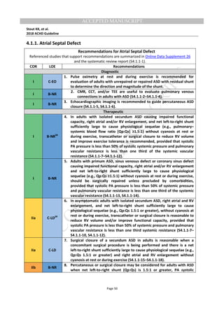 M
ANUSCRIPT
ACCEPTED
ACCEPTED MANUSCRIPT
Stout KK, et al.
2018 ACHD Guideline
Page 50
4.1.1. Atrial Septal Defect
Recommendations for Atrial Septal Defect
Referenced studies that support recommendations are summarized in Online Data Supplement 26
and the systematic review report (S4.1.1-1).
COR LOE Recommendations
Diagnostic
I C-EO
1. Pulse oximetry at rest and during exercise is recommended for
evaluation of adults with unrepaired or repaired ASD with residual shunt
to determine the direction and magnitude of the shunt.
I B-NR
2. CMR, CCT, and/or TEE are useful to evaluate pulmonary venous
connections in adults with ASD (S4.1.1-2–S4.1.1-4).
I B-NR
3. Echocardiographic imaging is recommended to guide percutaneous ASD
closure (S4.1.1-5, S4.1.1-6).
Therapeutic
I B-NRSR
4. In adults with isolated secundum ASD causing impaired functional
capacity, right atrial and/or RV enlargement, and net left-to-right shunt
sufficiently large to cause physiological sequelae (e.g., pulmonary–
systemic blood flow ratio [Qp:Qs] ≥1.5:1) without cyanosis at rest or
during exercise, transcatheter or surgical closure to reduce RV volume
and improve exercise tolerance is recommended, provided that systolic
PA pressure is less than 50% of systolic systemic pressure and pulmonary
vascular resistance is less than one third of the systemic vascular
resistance (S4.1.1-7–S4.1.1-12).
I B-NR
5. Adults with primum ASD, sinus venosus defect or coronary sinus defect
causing impaired functional capacity, right atrial and/or RV enlargement
and net left-to-right shunt sufficiently large to cause physiological
sequelae (e.g., Qp:Qs ≥1.5:1) without cyanosis at rest or during exercise,
should be surgically repaired unless precluded by comorbidities,
provided that systolic PA pressure is less than 50% of systemic pressure
and pulmonary vascular resistance is less than one third of the systemic
vascular resistance (S4.1.1-13, S4.1.1-14).
IIa C-LDSR
6. In asymptomatic adults with isolated secundum ASD, right atrial and RV
enlargement, and net left-to-right shunt sufficiently large to cause
physiological sequelae (e.g., Qp:Qs 1.5:1 or greater), without cyanosis at
rest or during exercise, transcatheter or surgical closure is reasonable to
reduce RV volume and/or improve functional capacity, provided that
systolic PA pressure is less than 50% of systemic pressure and pulmonary
vascular resistance is less than one third systemic resistance (S4.1.1-7–
S4.1.1-10, S4.1.1-12).
IIa C-LD
7. Surgical closure of a secundum ASD in adults is reasonable when a
concomitant surgical procedure is being performed and there is a net
left-to-right shunt sufficiently large to cause physiological sequelae (e.g.,
Qp:Qs 1.5:1 or greater) and right atrial and RV enlargement without
cyanosis at rest or during exercise (S4.1.1-15–S4.1.1-18).
IIb B-NR
8. Percutaneous or surgical closure may be considered for adults with ASD
when net left-to-right shunt (Qp:Qs) is 1.5:1 or greater, PA systolic
 