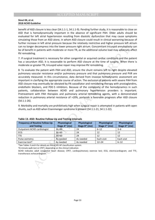 M
ANUSCRIPT
ACCEPTED
ACCEPTED MANUSCRIPT
Stout KK, et al.
2018 ACHD Guideline
Page 53
benefit of ASD closure is less clear (S4.1.1-1, S4.1.1-9). Pending further study, it is reasonable to close an
ASD that is hemodynamically important in the absence of significant PAH. Older adults should be
evaluated for left atrial hypertension resulting from diastolic dysfunction that may cause symptoms
simulating those from an ASD alone, in whom ASD closure could result in clinical worsening because of
further increase in left atrial pressure because the relatively restrictive and higher pressure left atrium
can no longer decompress into the lower pressure right atrium. Concomitant tricuspid annuloplasty can
be of benefit in patients with moderate or more TR, as the additional volume load may adversely affect
RV remodeling.
7. If surgical treatment is necessary for other congenital or acquired cardiac conditions and the patient
has a secundum ASD, it is reasonable to perform ASD closure at the time of surgery. When there is
moderate or greater TR, tricuspid valve repair may improve RV remodeling.
8. To evaluate the patient with PAH and ASD, ensure the shunt remains left to right despite elevated
pulmonary vascular resistance and/or pulmonary pressure and that pulmonary pressure and PVR are
accurately measured. In this circumstance, data derived from invasive hemodynamic assessment are
important in clarifying the appropriate course of action. The exclusion of patients with severe PAH from
ASD closure may eventually be obviated by PA vasodilator and remodeling therapy with prostaglandins,
endothelin blockers, and PDE-5 inhibitors. Because of the complexity of the hemodynamics in such
patients, collaboration between ACHD and pulmonary hypertension providers is important.
Pretreatment with PAH therapies and pulmonary arterial remodeling agents, with a demonstrated
reduction in pulmonary arterial resistance of >20%, portends a favorable prognosis after ASD closure
(S4.1.1-26).
9. Morbidity and mortality are prohibitively high when surgical repair is attempted in patients with open
shunts, such as ASD when Eisenmenger syndrome is present (S4.1.1-21, S4.1.1-22).
Table 13. ASD: Routine Follow-Up and Testing Intervals
Frequency of Routine Follow-Up
and Testing
Physiological
Stage A* (mo)
Physiological
Stage B* (mo)
Physiological
Stage C* (mo)
Physiological
Stage D* (mo)
Outpatient ACHD cardiologist 36–60 24 6–12 3–6
ECG 36–60 24 12 12
TTE 36–60 24 12 12
Pulse oximetry As needed As needed Each visit Each visit
Exercise test† As needed As needed 12–24 6–12
*See Tables 3 and 4 for details on the ACHD AP classification system.
†6-minute walk test or CPET, depending on the clinical indication.
ACHD indicates adult congenital heart disease; CPET, cardiopulmonary exercise test; ECG, electrocardiogram; and TTE,
transthoracic echocardiogram.
 