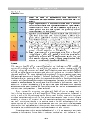 M
ANUSCRIPT
ACCEPTED
ACCEPTED MANUSCRIPT
Stout KK, et al.
2018 ACHD Guideline
Page 60
I C-LD
2. Surgery for severe left atrioventricular valve regurgitation is
recommended per GDMT indications for mitral regurgitation (S4.1.4-1–
S4.1.4-4).
I C-EO
3. Surgery for primary repair of atrioventricular septal defect or closure of
residual shunts in adults with repaired atrioventricular septal defect is
recommended when there is a net left-to-right shunt (Qp:Qs ≥1.5:1), PA
systolic pressure less than 50% systemic and pulmonary vascular
resistance less than one third systemic.
IIa C-EO
4. Operation for discrete LVOT obstruction in adults with atrioventricular
septal defect is reasonable with a maximum gradient of 50 mm Hg or
greater, a lesser gradient if HF symptoms are present, or if concomitant
moderate-to-severe mitral or AR are present.
IIb C-EO
5. Surgery for primary repair of atrioventricular septal defect or closure of
residual shunts in adults with repaired atrioventricular septal defect may
be considered in the presence of a net left-to-right shunt (Qp:Qs ≥1.5:1),
if PA systolic pressure is 50% or more systemic, and/or pulmonary
vascular resistance is greater than one third systemic.
III:
Harm
C-LD
6. Surgery for primary repair of atrioventricular septal defect or closure of
residual shunts in adults with repaired atrioventricular septal defect
should not be performed with PA systolic pressure greater than two
thirds systemic, pulmonary vascular resistance greater than two thirds
systemic, or a net right-to-left shunt (S4.1.4-5, S4.1.4-6).
Synopsis
AVSDs represent about 4% to 5% of congenital heart defects and include a primum ASD, inlet VSD, and
common atrioventricular valve. They can occur in several anatomic variations including partial AVSD
with only a primum ASD component and typically a cleft left atrioventricular valve, complete AVSD with
both ASD and VSD and a common atrioventricular valve, and transitional and intermediate AVSD with
incomplete atrial and VSDs and/or incomplete abnormalities of the common atrioventricular valve.
AVSD anatomy is also commonly described by the Rastelli classification (S4.1.4-7, S4.1.4-8). The Rastelli
classification describes anatomic variations of the superior bridging leaflet of the atrioventricular valve.
In addition to the Rastelli classification or other similar descriptors, the relative sizes of the ventricles as
balanced or unbalanced guide the type of repair (e.g., biventricular or single ventricle repair). This
section refers to patients with balanced AVSD and biventricular repair. AVSD also occurs in association
with other congenital lesions including TOF, CoA, and heterotaxy. There is also a strong association with
syndromes, most commonly trisomy 21 (Down syndrome).
From a management perspective, most adults with AVSD will have had surgical repair as
children. If those with complete AVSD (with large ASD and VSD) are not repaired early in life (typically <6
months of age), irreversible pulmonary vascular disease usually develops resulting in Eisenmenger
physiology, precluding complete repair. For those who underwent a surgical repair, long-term follow-up
is required to monitor for left atrioventricular valve regurgitation and stenosis, left ventricular outflow
tract (LVOT) obstruction attributable to the abnormal shape of the LVOT, and tachyarrhythmias and
bradyarrhythmias. Left atrioventricular valve regurgitation is the most common reason for later surgical
reintervention. There are few long-term follow-up studies of patients after AVSD repair in childhood, so
the most effective and efficient timing and type of surveillance are still being evaluated.
The atrioventricular node is typically displaced inferiorly in AVSD and is associated with relative
hypoplasia of the left anterior fascicle (S4.1.4-9). Late-onset complete heart block (as late as 15 years
 