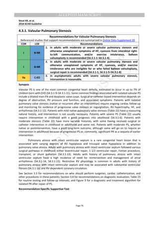 M
ANUSCRIPT
ACCEPTED
ACCEPTED MANUSCRIPT
Stout KK, et al.
2018 ACHD Guideline
Page 76
4.3.1. Valvular Pulmonary Stenosis
Recommendations for Valvular Pulmonary Stenosis
Referenced studies that support recommendations are summarized in Online Data Supplement 39.
COR LOE Recommendations
I B-NR
1. In adults with moderate or severe valvular pulmonary stenosis and
otherwise unexplained symptoms of HF, cyanosis from interatrial right-
to-left communication, and/or exercise intolerance, balloon
valvuloplasty is recommended (S4.3.1-1–S4.3.1-4).
I B-NR
2. In adults with moderate or severe valvular pulmonary stenosis and
otherwise unexplained symptoms of HF, cyanosis, and/or exercise
intolerance who are ineligible for or who failed balloon valvuloplasty,
surgical repair is recommended (S4.3.1-1, S4.3.1-5–S4.3.1-8)
IIa C-EO
3. In asymptomatic adults with severe valvular pulmonary stenosis,
intervention is reasonable.
Synopsis
Valvular PS is one of the most common congenital heart defects, estimated to occur in up to 7% of
children born with CHD (S4.3.1-9–S4.3.1-11). Some common findings associated with isolated valvular PS
include a dilated main PA and dysplastic valve cusps. Surgical or catheter-based intervention depends on
degree of obstruction, RV pressure and function, and associated symptoms. Patients with isolated
pulmonary valve stenosis (native or recurrent after an intervention) require ongoing cardiac follow-up
and monitoring for evidence of progressive valve stenosis or regurgitation, RV hypertrophy, HF, and
arrhythmias (S4.3.1-12). Patients with mild native pulmonary valve stenosis (Table 22) have a reassuring
natural history, and intervention is not usually necessary. Patients with severe PS (Table 22) usually
require intervention in childhood with a good prognosis into adulthood (S4.3.1-6). Patients with
moderate stenosis (Table 22) have more variable histories, with some having received surgical or
catheter intervention in childhood or adulthood and some not. Patients with moderate PS, whether
native or postintervention, have a good long-term outcome, although some will go on to require an
intervention in adulthood because of progressive PS or, commonly, significant PR as a sequela of earlier
intervention.
Pulmonary atresia with intact ventricular septum is a rare congenital heart lesion that is
associated with varying degrees of RV hypoplasia and tricuspid valve hypoplasia in addition to
pulmonary valve atresia. Adults with pulmonary atresia with intact ventricular septum followed various
surgical pathways in childhood, either biventricular repair, 1 1/2 ventricular repair, Fontan procedure,
transplant, or shunt palliation (S4.3.1-13). Adults with history of pulmonary atresia with intact
ventricular septum have a high incidence of need for reintervention and management of atrial
arrhythmias (S4.3.1-14, S4.3.1-15). Restrictive RV physiology is common in adults with history of
pulmonary atresia with intact ventricular septum and may be associated with substantial ventricular
fibrosis (S4.3.1-16) and RV-dependent coronary circulation.
See Section 3.3 for recommendations on who should perform surgeries, cardiac catheterization, and
other procedures in these patients; Section 3.4 for recommendations on diagnostic evaluation; Table 23
for routine testing and follow-up intervals; and Figure 3 for a diagnostic and treatment algorithm for
isolated PR after repair of PS.
Recommendation-Specific Supportive Text
 
