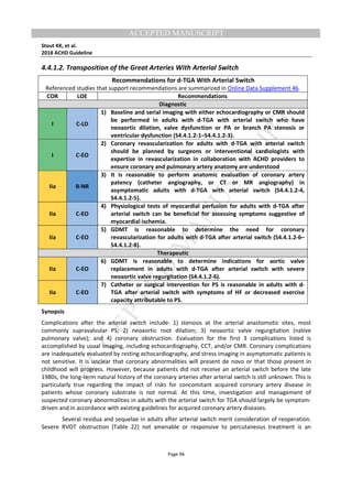 M
ANUSCRIPT
ACCEPTED
ACCEPTED MANUSCRIPT
Stout KK, et al.
2018 ACHD Guideline
Page 96
4.4.1.2. Transposition of the Great Arteries With Arterial Switch
Recommendations for d-TGA With Arterial Switch
Referenced studies that support recommendations are summarized in Online Data Supplement 46.
COR LOE Recommendations
Diagnostic
I C-LD
1) Baseline and serial imaging with either echocardiography or CMR should
be performed in adults with d-TGA with arterial switch who have
neoaortic dilation, valve dysfunction or PA or branch PA stenosis or
ventricular dysfunction (S4.4.1.2-1–S4.4.1.2-3).
I C-EO
2) Coronary revascularization for adults with d-TGA with arterial switch
should be planned by surgeons or interventional cardiologists with
expertise in revascularization in collaboration with ACHD providers to
ensure coronary and pulmonary artery anatomy are understood
IIa B-NR
3) It is reasonable to perform anatomic evaluation of coronary artery
patency (catheter angiography, or CT or MR angiography) in
asymptomatic adults with d-TGA with arterial switch (S4.4.1.2-4,
S4.4.1.2-5).
IIa C-EO
4) Physiological tests of myocardial perfusion for adults with d-TGA after
arterial switch can be beneficial for assessing symptoms suggestive of
myocardial ischemia.
IIa C-EO
5) GDMT is reasonable to determine the need for coronary
revascularization for adults with d-TGA after arterial switch (S4.4.1.2-6–
S4.4.1.2-8).
Therapeutic
IIa C-EO
6) GDMT is reasonable to determine indications for aortic valve
replacement in adults with d-TGA after arterial switch with severe
neoaortic valve regurgitation (S4.4.1.2-6).
IIa C-EO
7) Catheter or surgical intervention for PS is reasonable in adults with d-
TGA after arterial switch with symptoms of HF or decreased exercise
capacity attributable to PS.
Synopsis
Complications after the arterial switch include: 1) stenosis at the arterial anastomotic sites, most
commonly supravalvular PS; 2) neoaortic root dilation; 3) neoaortic valve regurgitation (native
pulmonary valve); and 4) coronary obstruction. Evaluation for the first 3 complications listed is
accomplished by usual imaging, including echocardiography, CCT, and/or CMR. Coronary complications
are inadequately evaluated by resting echocardiography, and stress imaging in asymptomatic patients is
not sensitive. It is unclear that coronary abnormalities will present de novo or that those present in
childhood will progress. However, because patients did not receive an arterial switch before the late
1980s, the long-term natural history of the coronary arteries after arterial switch is still unknown. This is
particularly true regarding the impact of risks for concomitant acquired coronary artery disease in
patients whose coronary substrate is not normal. At this time, investigation and management of
suspected coronary abnormalities in adults with the arterial switch for TGA should largely be symptom-
driven and in accordance with existing guidelines for acquired coronary artery diseases.
Several residua and sequelae in adults after arterial switch merit consideration of reoperation.
Severe RVOT obstruction (Table 22) not amenable or responsive to percutaneous treatment is an
 