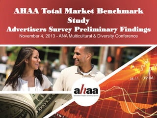AHAA Total Market Benchmark
Study
Advertisers Allocations Equate to Corporate Revenue Growth
Survey Preliminary Findings
Hispanic Advertising
November 4, 2013 - ANA Multicultural & Diversity Conference

 