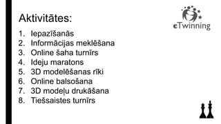 Aktivitātes:
1. Iepazīšanās
2. Informācijas meklēšana
3. Online šaha turnīrs
4. Ideju maratons
5. 3D modelēšanas rīki
6. Online balsošana
7. 3D modeļu drukāšana
8. Tiešsaistes turnīrs
 