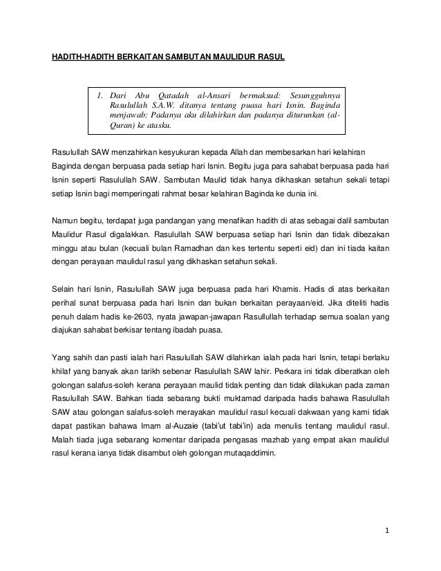 Ahadith Berkaitan Maulidul Rasul